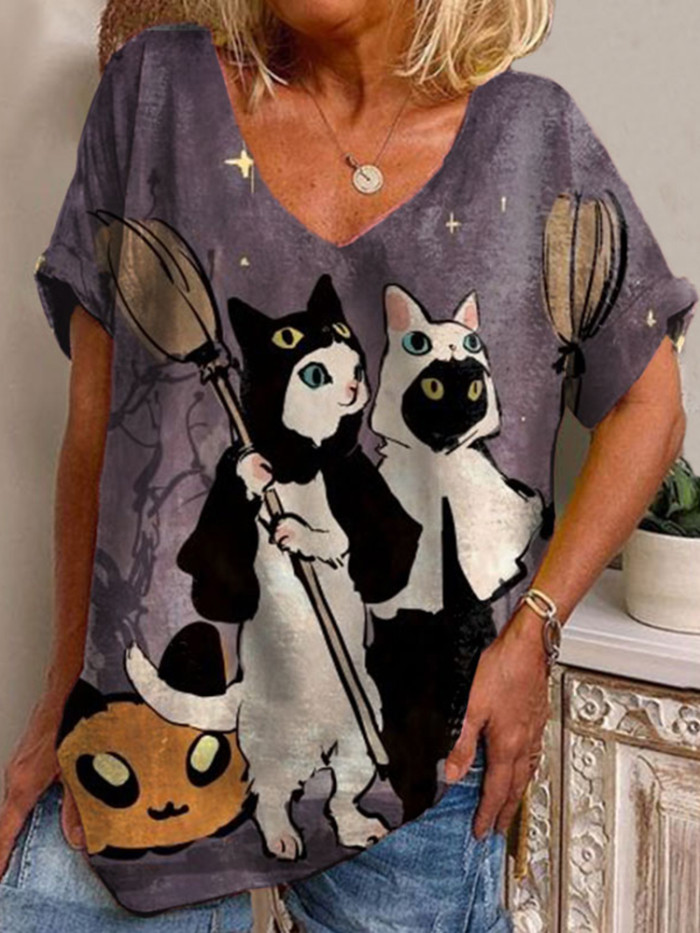 Halloween Cat Print T-Shirt