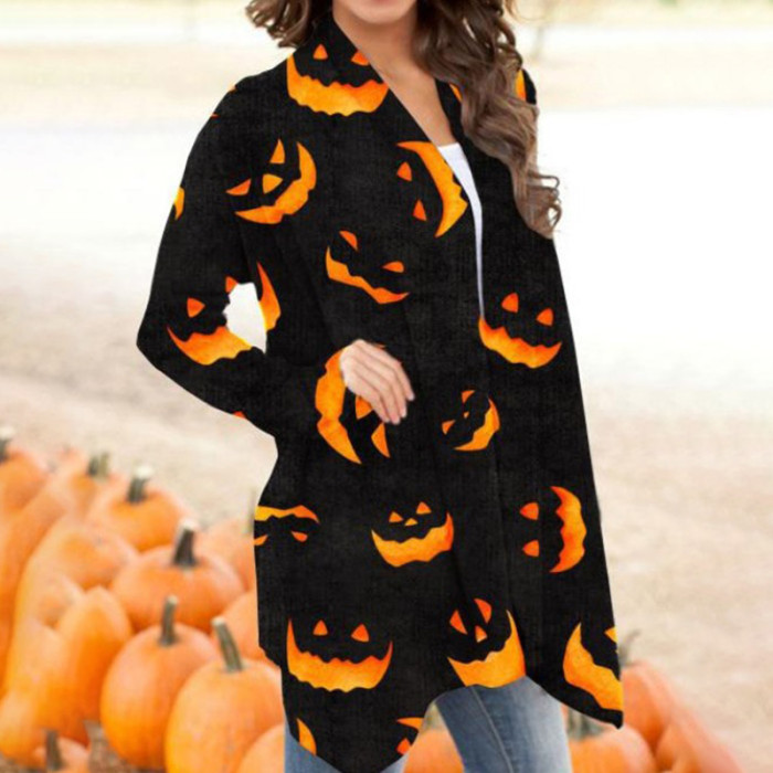 Halloween Pumpkin Print Long Sleeve Cardigan