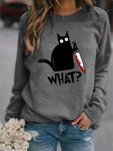 Halloween Black Cat With Bloody Knife Sweatshirt