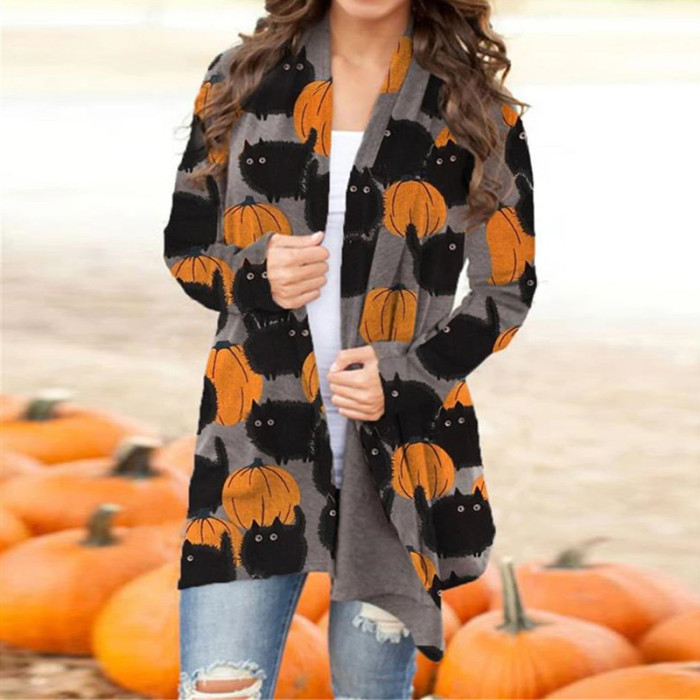 Halloween Printed Long Sleeve Knit Cardigan Top