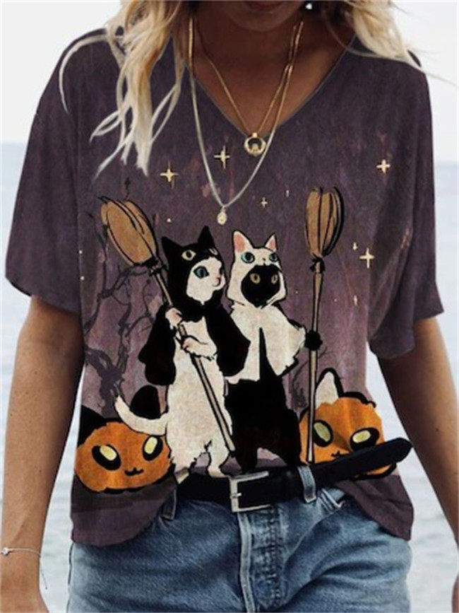 Lovely Halloween Cat Witches V Neck T Shirt