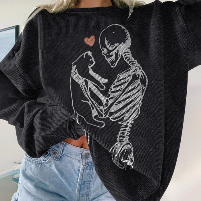 Skull Love Cat Print Sweatshirt