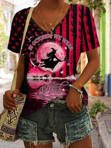Halloween Witch Breast Cancer In Cctober We Wear Pink V-neck Print T-Shirt