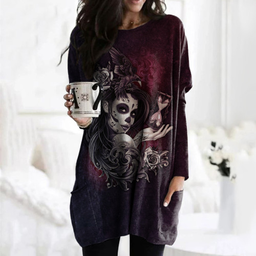 Day Of The Dead Print Long Sleeve Pocket Casual Tunic
