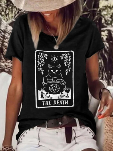 The Death Cat Print Casual Crew Neck Short Sleeve T Shirt