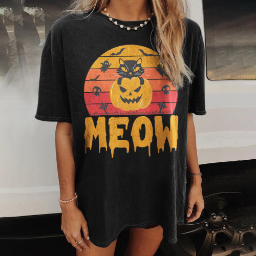 Halloween Meow Print Short Sleeve T-Shirt