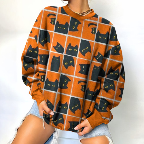 Cat Halloween Print Crew Neck Sweatshirt