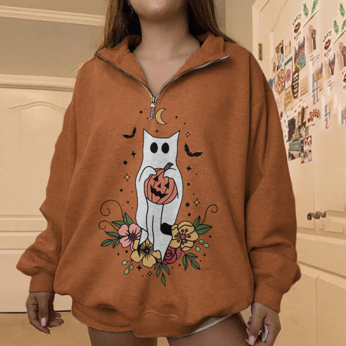 Halloween Floral Cat Print Sweatshirt