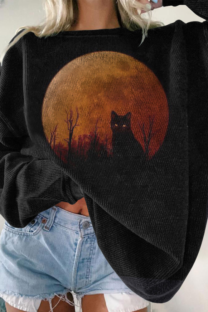 Crew Neck Halloween Cat Print Sweatshirt