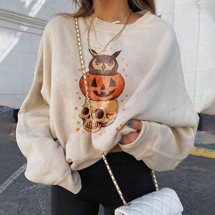 Halloween Pumpkin Skull Print Casual Sweatshirt