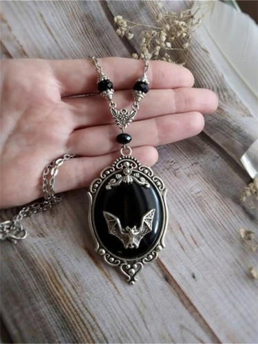 Vintage Bat Carved Black Stone Necklace