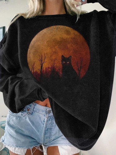 Crew Neck Halloween Cat Print Sweatshirt
