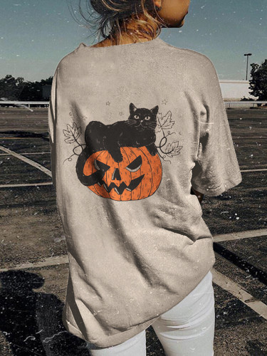 Halloween Pumpkin Cat Print T-Shirt