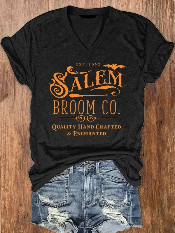 Women's Salem Broom Co Halloween Print V Neck T Shirt