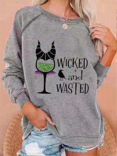 Women's Halloween Horned Crow Wicked And Wasted Witch Wine Print Top