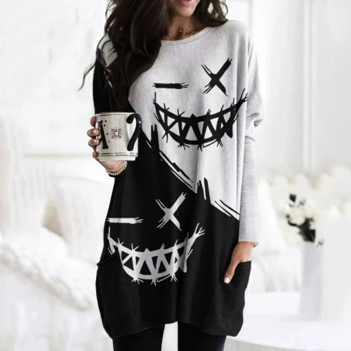 Contrast Print Crew Neck Casual Pocket Tunic