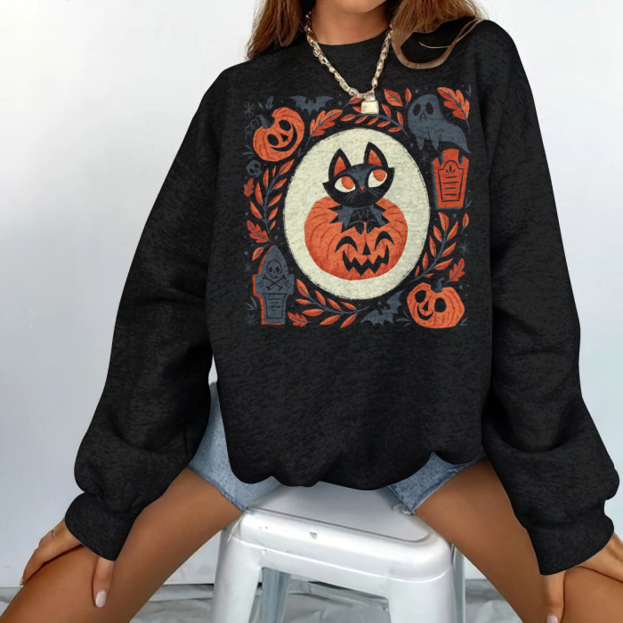 Halloween Pumpkin Cat Print Sweatshirt
