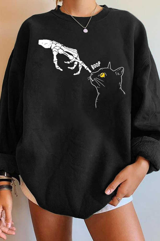 Skull Cat Print Long Sleeve Sweatshirt