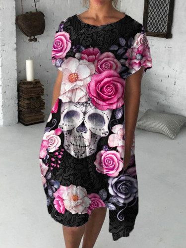 Elegant Floral Sugar Skull Art Midi Dress