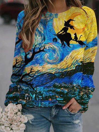Women's Starry night flying witch on broom with black cat Print top