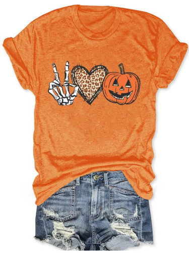 Halloween Skull Hand Heart Pumpkin Print Crew Neck Casual T Shirt