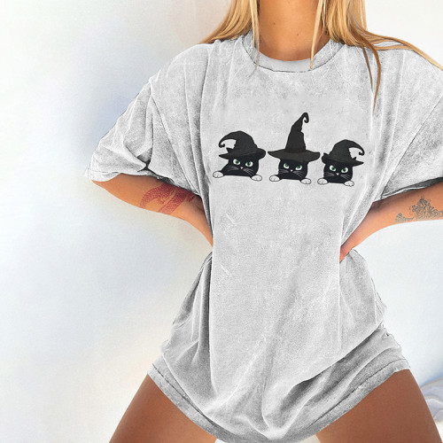 Halloween Wizard Cat Print Short Sleeve T-Shirt
