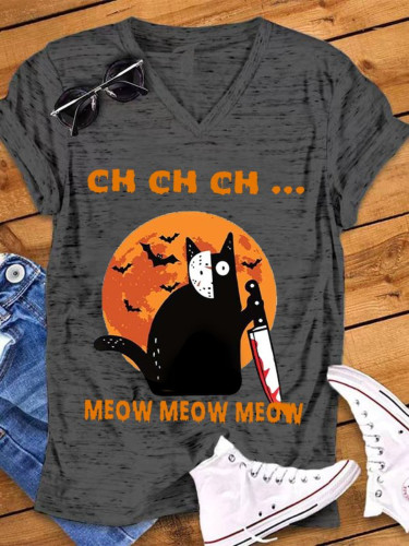 Halloween Bat Black Cat Print Casual V Neck T Shirt