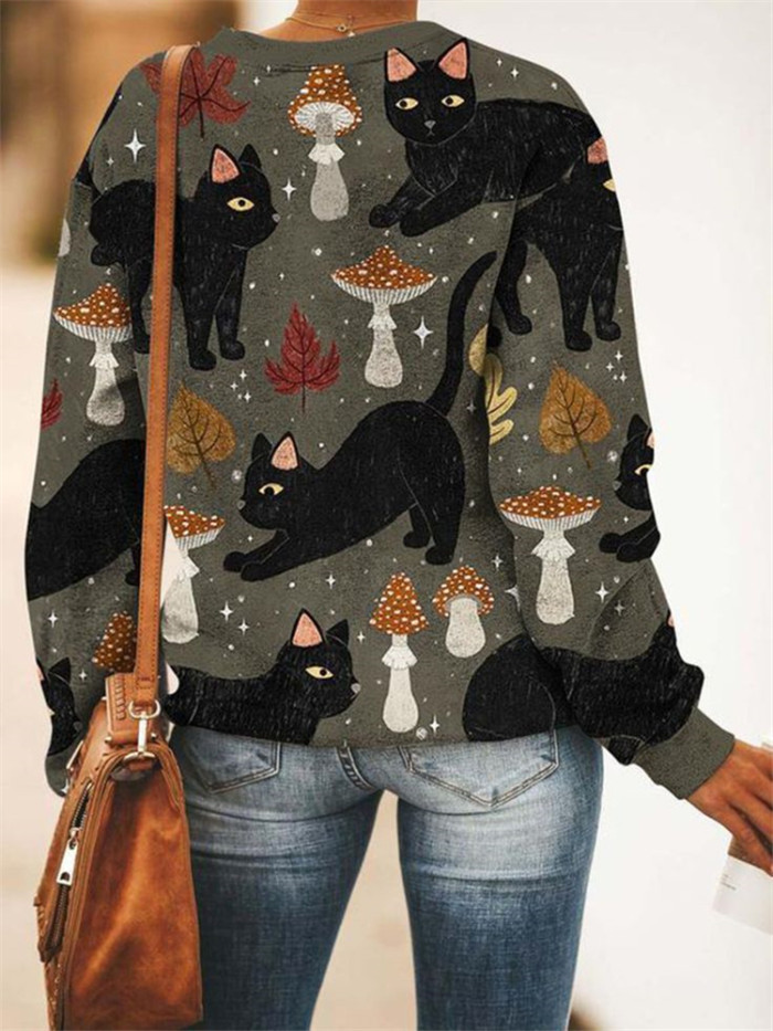 Mystical Black Cats & Mushroom Fall Inspired Sweatshirt