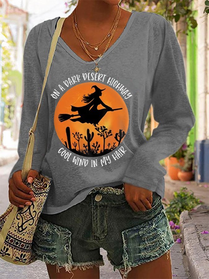 Women's On A Dark Desert Highway Cool wind In My Hair Funny Witch Casual Long-Sleeve T-Shirt