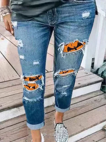 Women's Bat Print Shredded Contrast Jeans