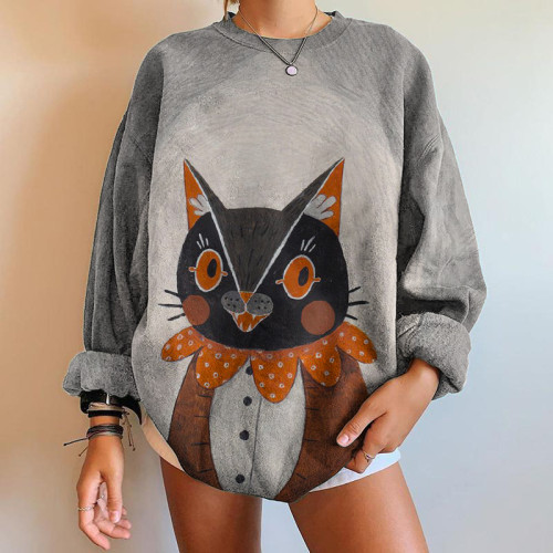 Halloween Cat Print Crew Neck Sweatshirt