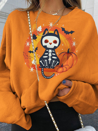 Cat Bat Pumpkin Print Crew Neck Sweatshirt