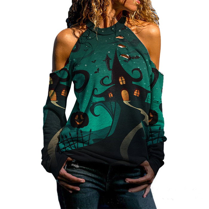 Halloween Printed Casual Loose Stitching Long Sleeve T-Shirt
