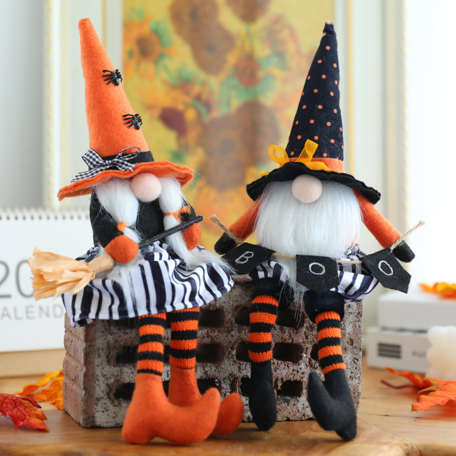 Halloween Dwarf Doll With Long Hat And Long Legs With Broom