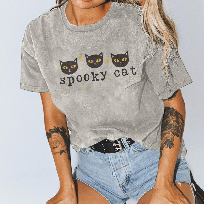 Spooky Cat Print Short Sleeve T-Shirt
