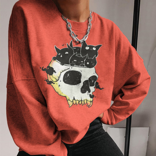 Cat Skull Print Crew Neck Sweatshirt