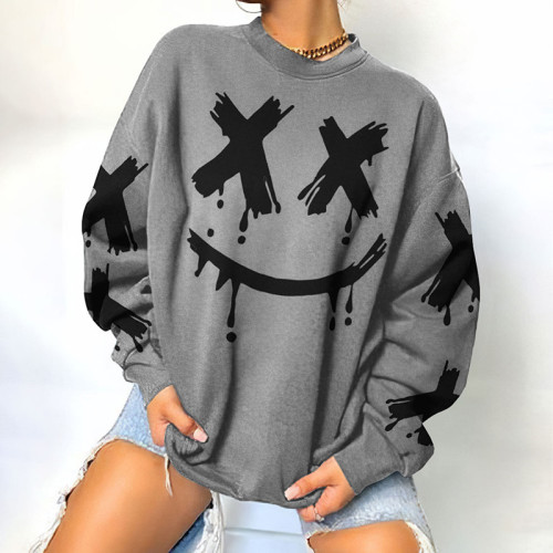 Casual Smiley Print Crew Neck Sweatshirt