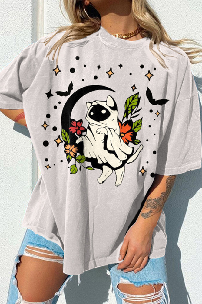 Halloween Cat Print Short Sleeve T-Shirt