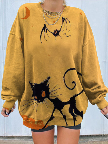 Cat Bat Halloween Print Crew Neck Sweatshirt