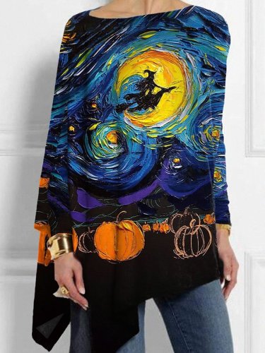 Halloween Starry Night Oil Painting Pumpkin Witch Print Irregular Tops
