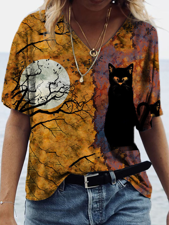 Halloween Cat Print T Shirt