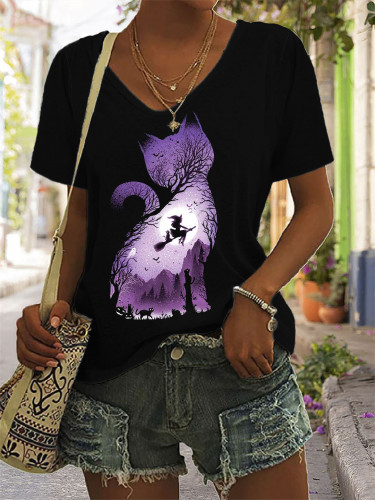 Halloween Witch Cat Inspired V Neck T Shirt