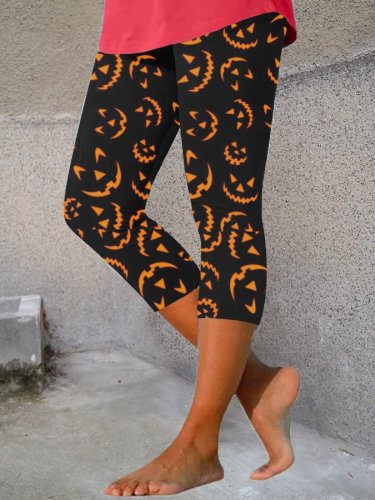 Women's Halloween Pumpkin Face Print Cropped Leggings