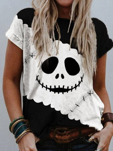 Black and White Skull Smiley Print T-Shirt
