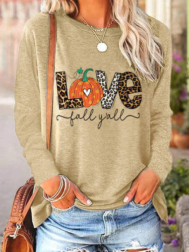 Women Love Pumpkin Print Halloween Cotton-Blend Tops
