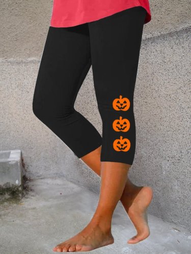 Women's Pumpkin Face Print Cropped Leggings