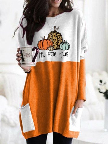 Women's Halloween It's Fall Y'all Pumpkin Print Pocket Tee