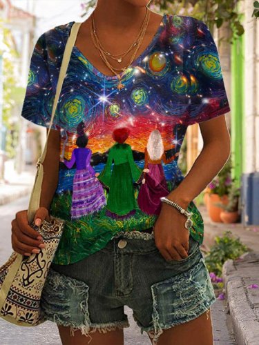 Halloween Sisters Starry Night Oil Painting & Space Image Print T-Shirt