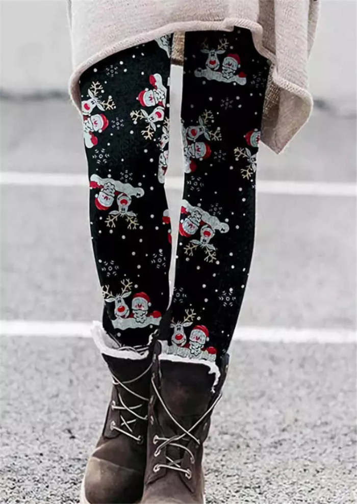 Women's Warm Christmas Black Snowman Leggings