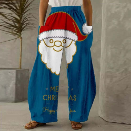 Blue Christmas Santa Claus Printed Pants